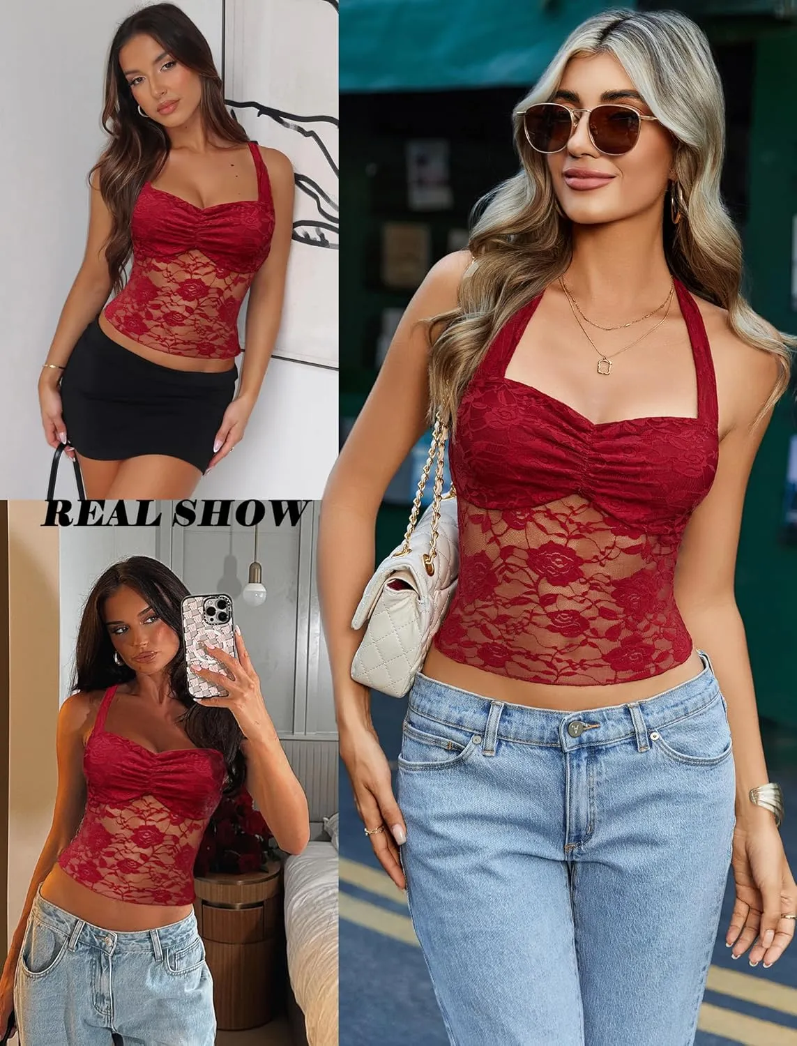 Avidlove Lace Halter Tops for Women Y2K Sexy Tank Top Camisoles Shirts Cute Going Out Outfits Summer Trendy Tops