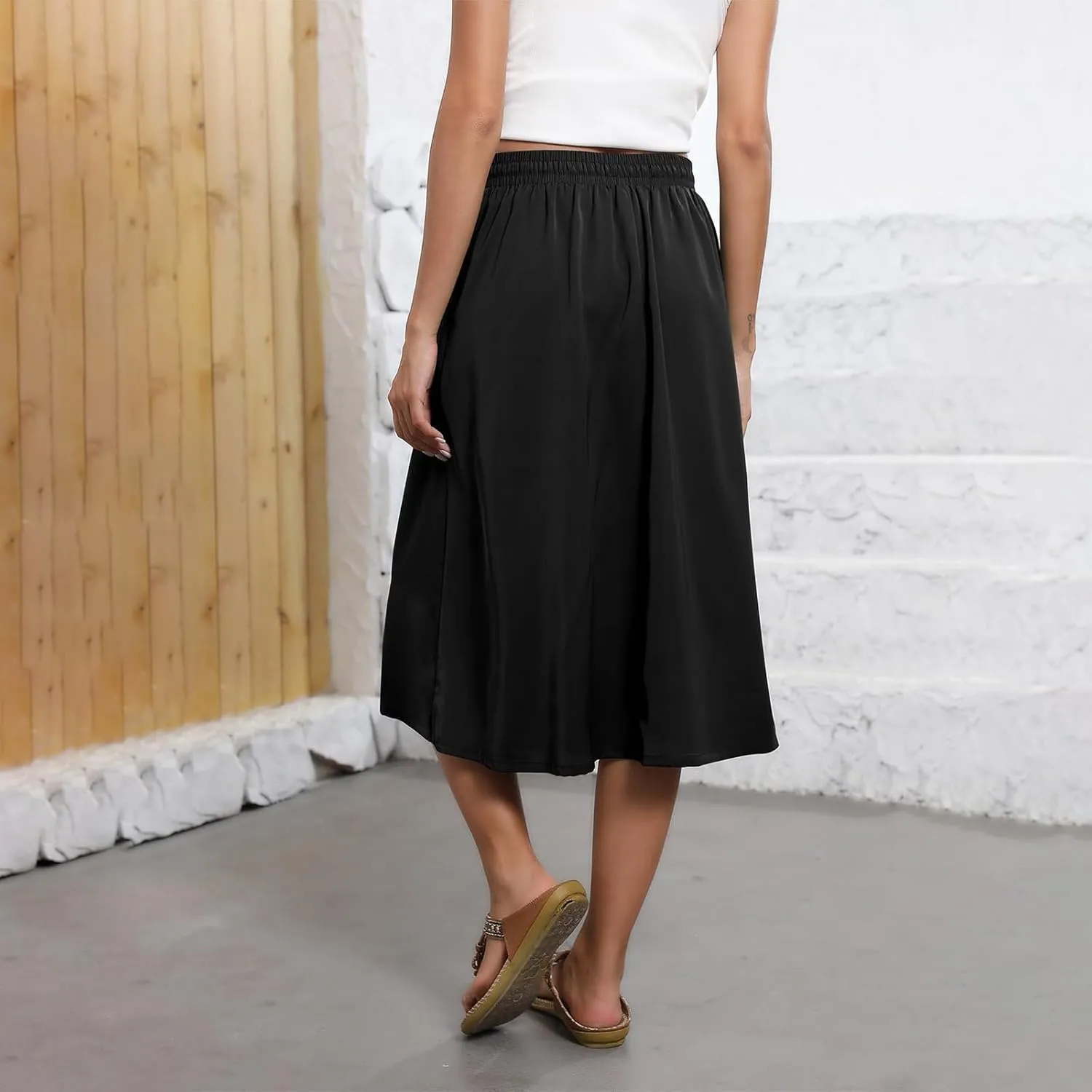 Beach Skirts for Women Drawstring Elastic Waist Summer Midi Skirt A Line Smocked Skirts Knee Length with Pockets