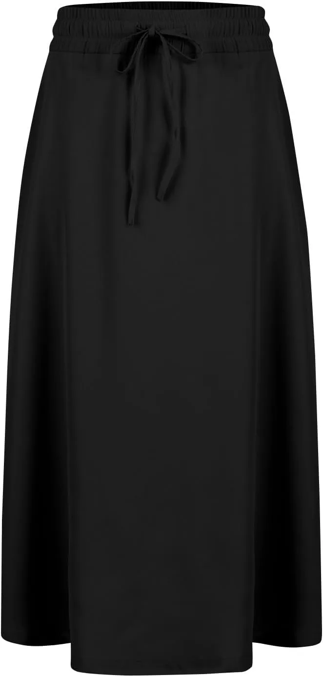 Beach Skirts for Women Drawstring Elastic Waist Summer Midi Skirt A Line Smocked Skirts Knee Length with Pockets