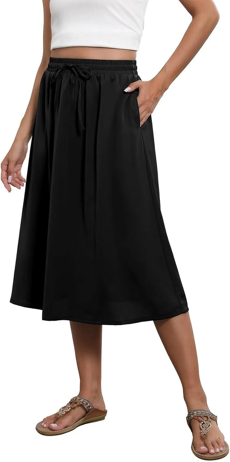 Beach Skirts for Women Drawstring Elastic Waist Summer Midi Skirt A Line Smocked Skirts Knee Length with Pockets