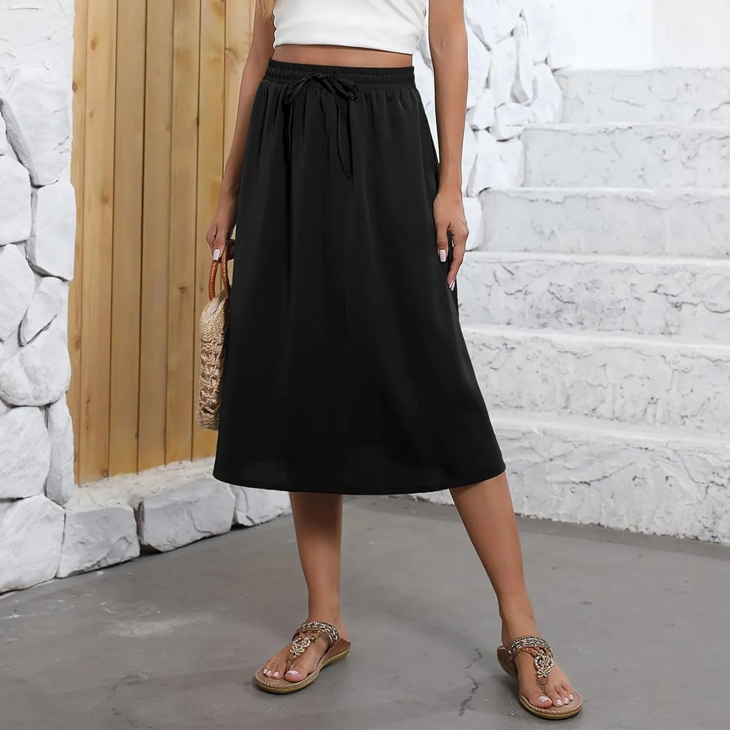 Beach Skirts for Women Drawstring Elastic Waist Summer Midi Skirt A Line Smocked Skirts Knee Length with Pockets