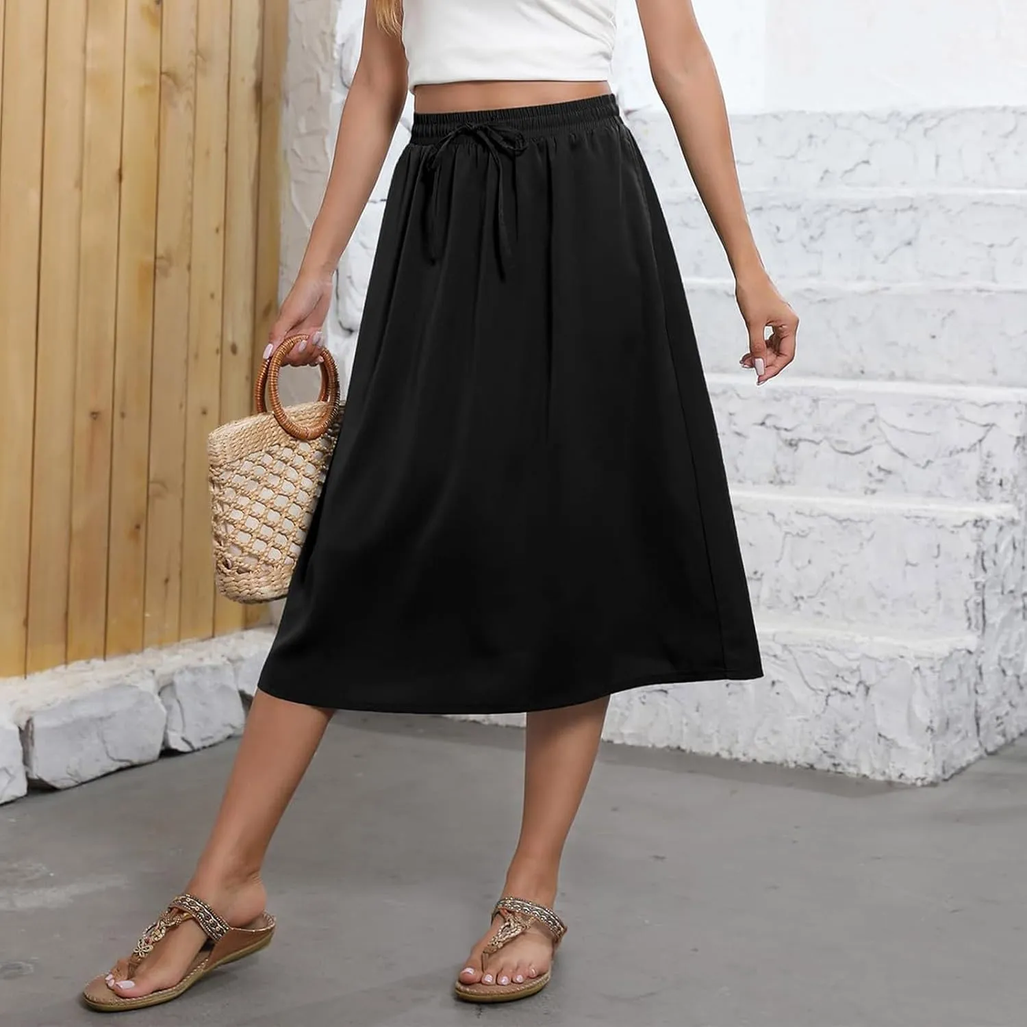 Beach Skirts for Women Drawstring Elastic Waist Summer Midi Skirt A Line Smocked Skirts Knee Length with Pockets