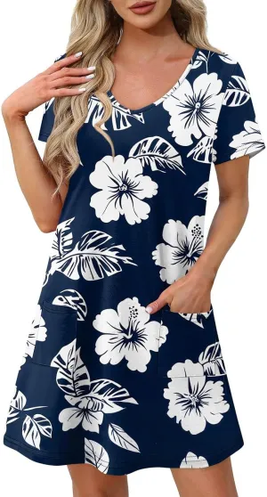 Beach Vocation Clothes for Women Casual Sundress Summer Beach Dress Floral T-Shirts Dress V Neck Loose Dresses