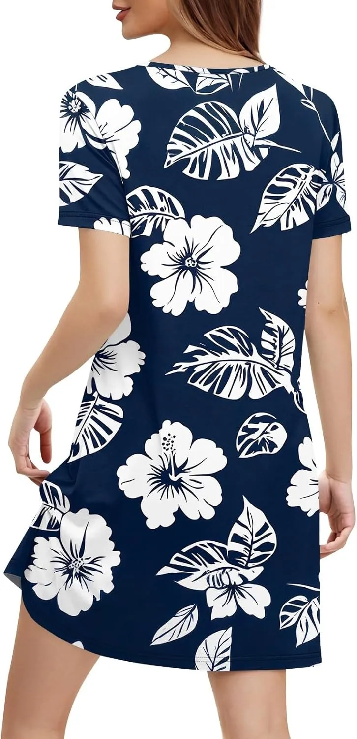 Beach Vocation Clothes for Women Casual Sundress Summer Beach Dress Floral T-Shirts Dress V Neck Loose Dresses