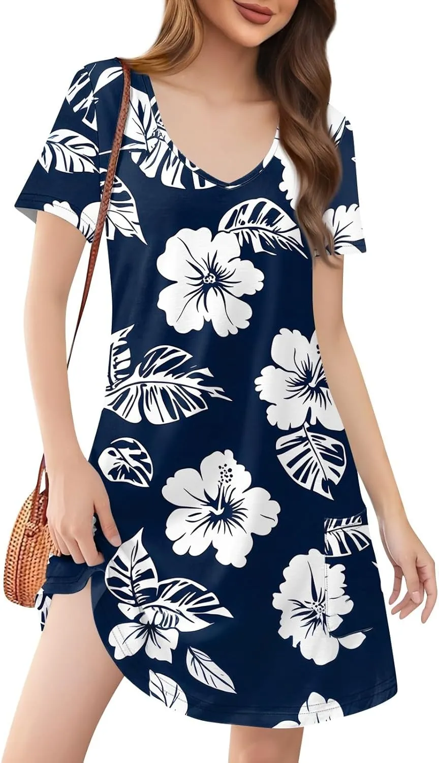 Beach Vocation Clothes for Women Casual Sundress Summer Beach Dress Floral T-Shirts Dress V Neck Loose Dresses