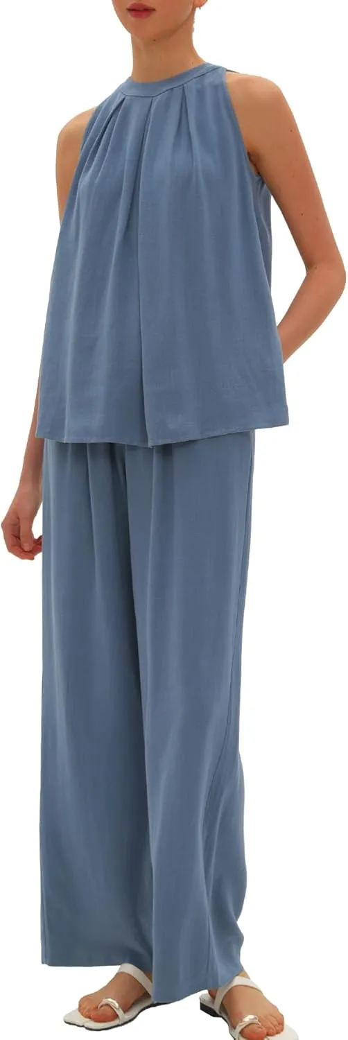 Beaully Women's Summer Linen 2 Piece Outfits Sets Loose Fit Sleeveless Tank Tops Wide Leg Pant Sets Lounge Travel Sets