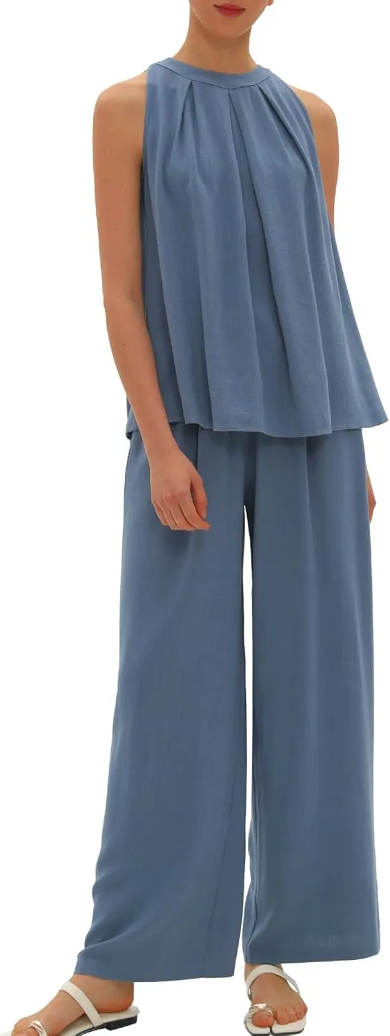Beaully Women's Summer Linen 2 Piece Outfits Sets Loose Fit Sleeveless Tank Tops Wide Leg Pant Sets Lounge Travel Sets
