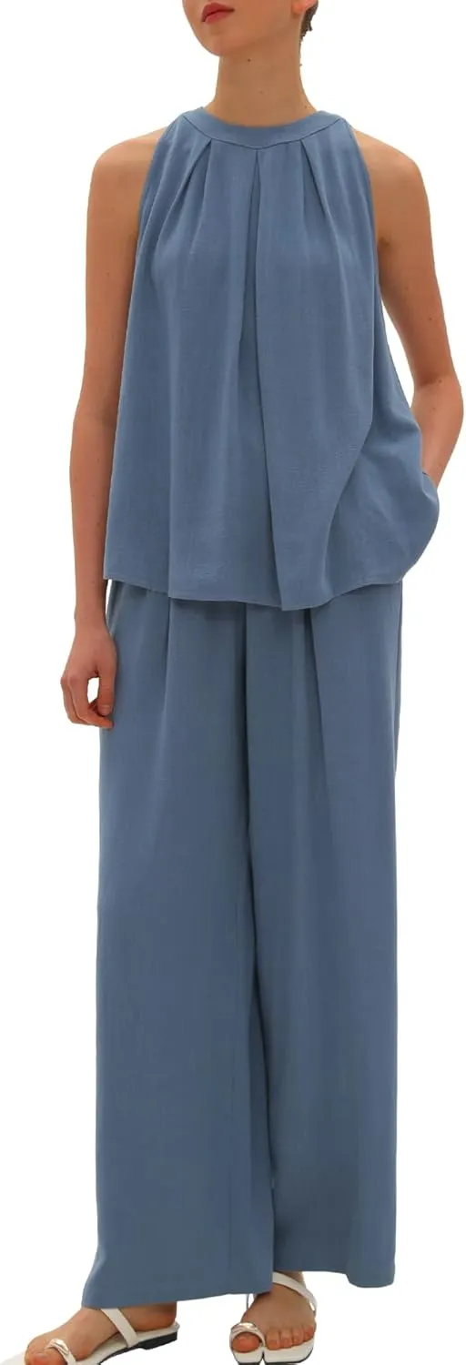 Beaully Women's Summer Linen 2 Piece Outfits Sets Loose Fit Sleeveless Tank Tops Wide Leg Pant Sets Lounge Travel Sets