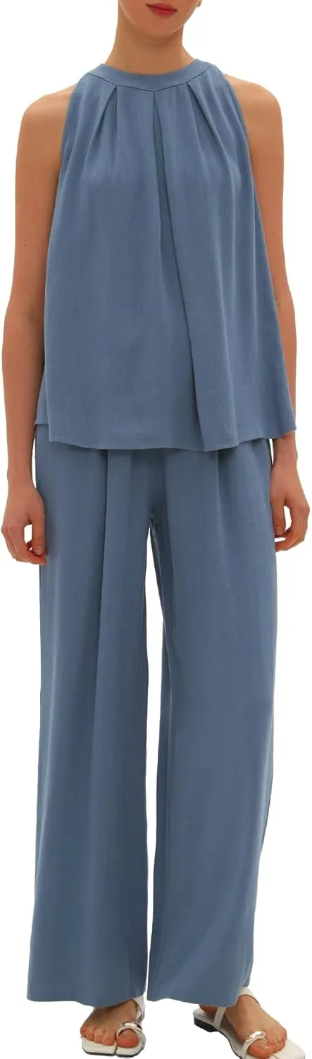 Beaully Women's Summer Linen 2 Piece Outfits Sets Loose Fit Sleeveless Tank Tops Wide Leg Pant Sets Lounge Travel Sets