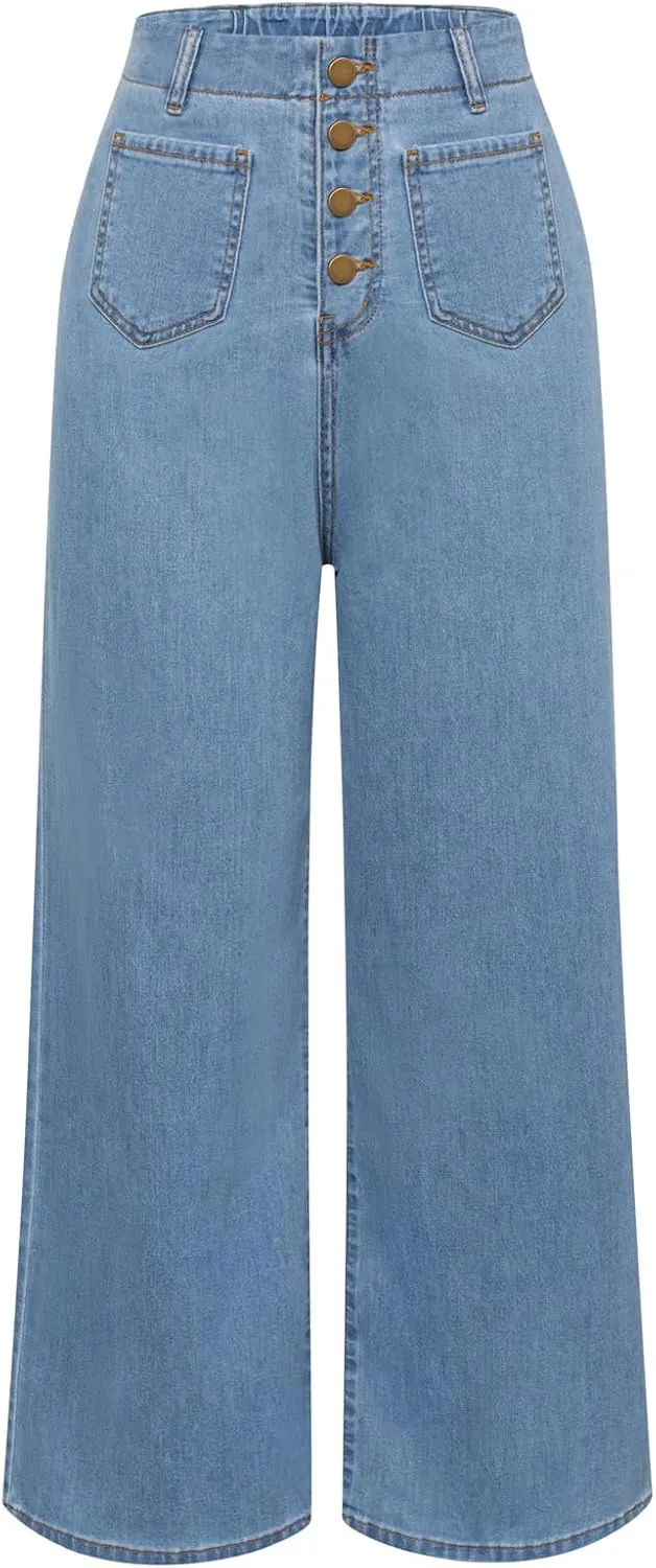 Belle Poque Women's Wide Leg Jeans High Waisted Stretchy Straight Leg Button Fly Denim Pants Trousers with Pockets