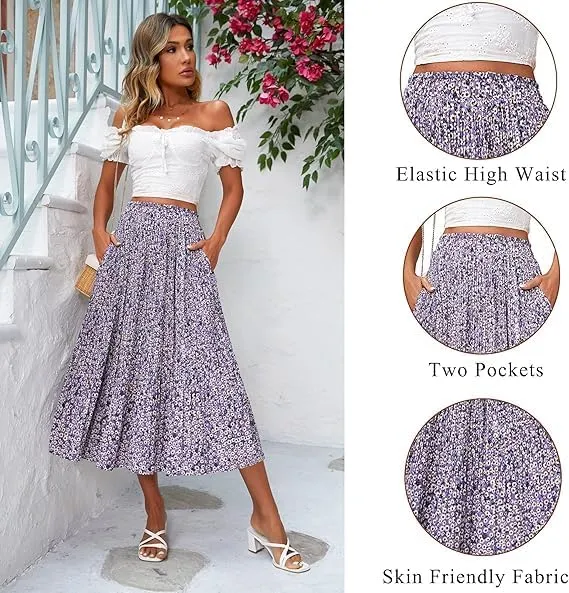 Beyove Women's Midi Skirts High Waisted Pleated A-Line Swing Skirts