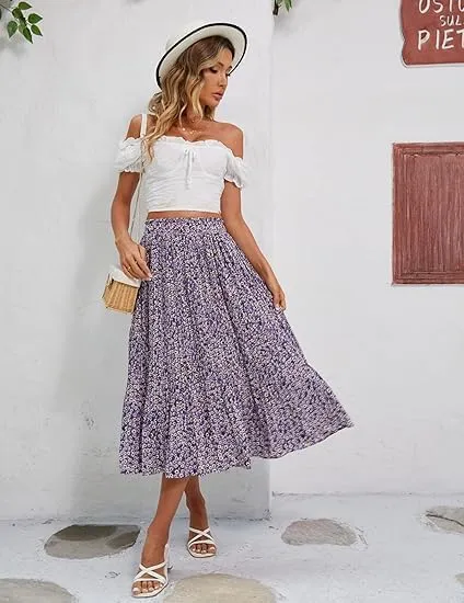 Beyove Women's Midi Skirts High Waisted Pleated A-Line Swing Skirts