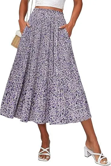 Beyove Women's Midi Skirts High Waisted Pleated A-Line Swing Skirts