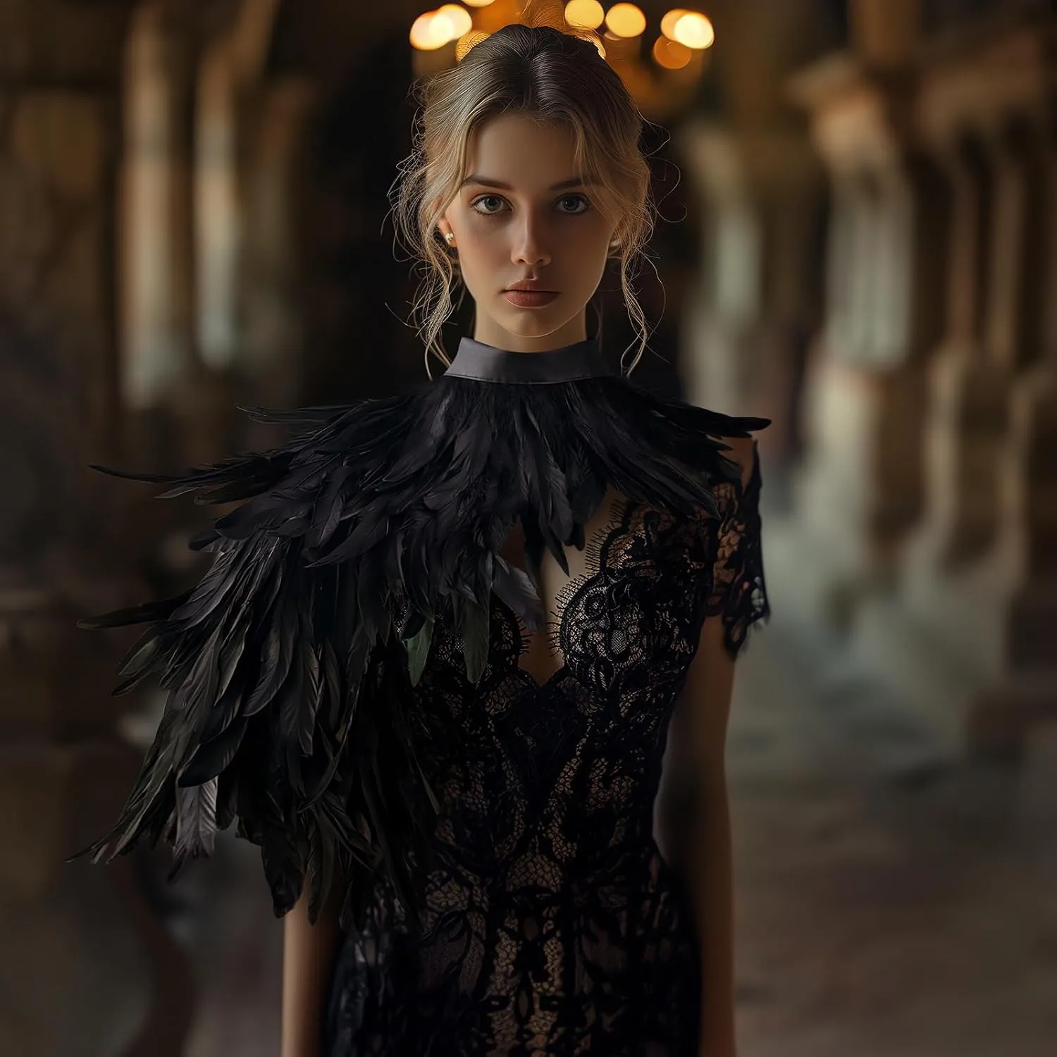 Black Feather Shawl for Women Masquerade Witch Wings Cape Halloween Maleficent Costume Collar Accessories