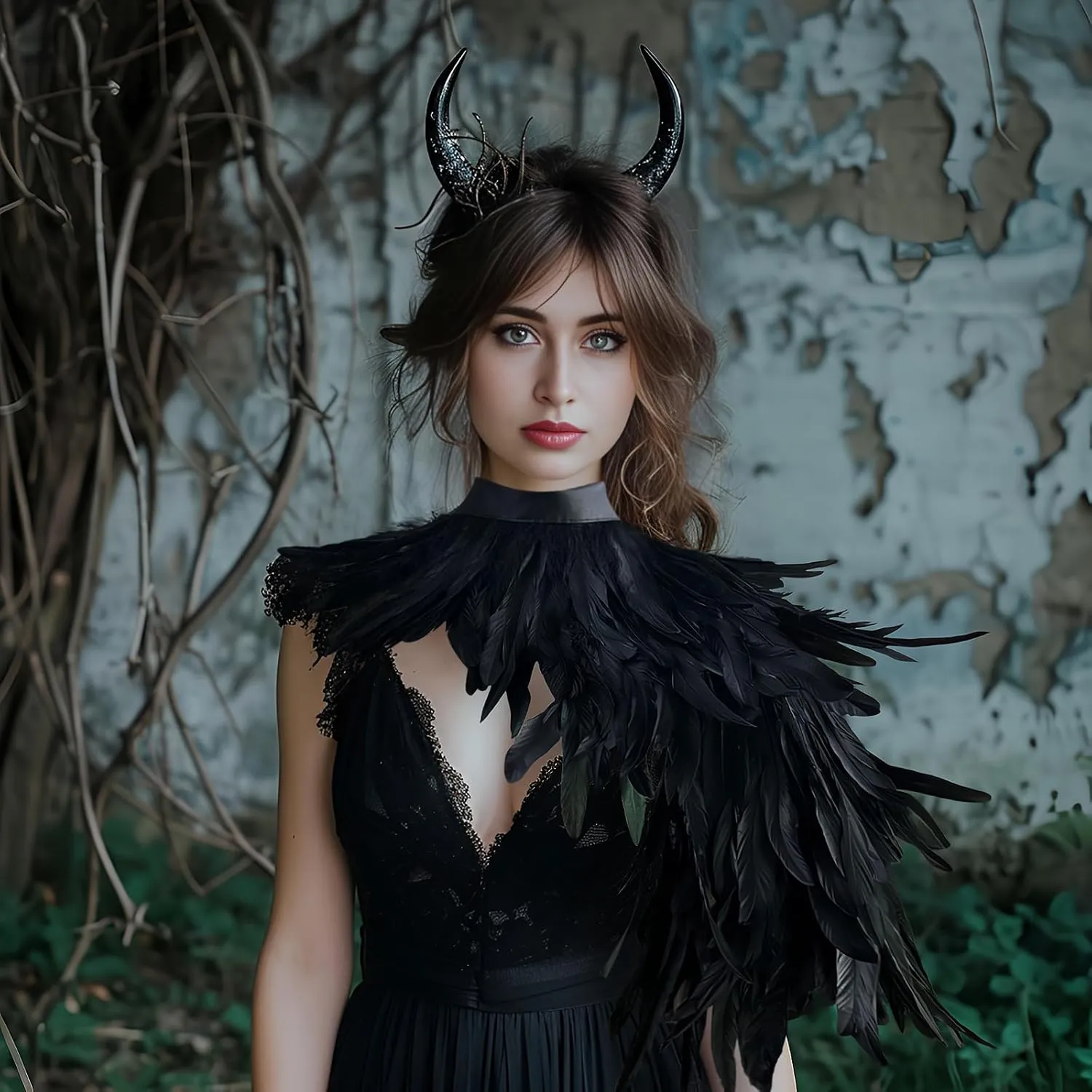 Black Feather Shawl for Women Masquerade Witch Wings Cape Halloween Maleficent Costume Collar Accessories