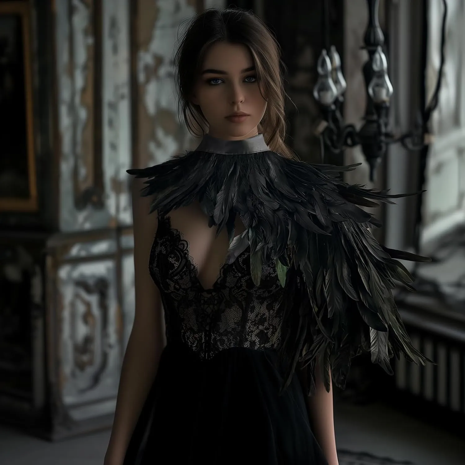 Black Feather Shawl for Women Masquerade Witch Wings Cape Halloween Maleficent Costume Collar Accessories