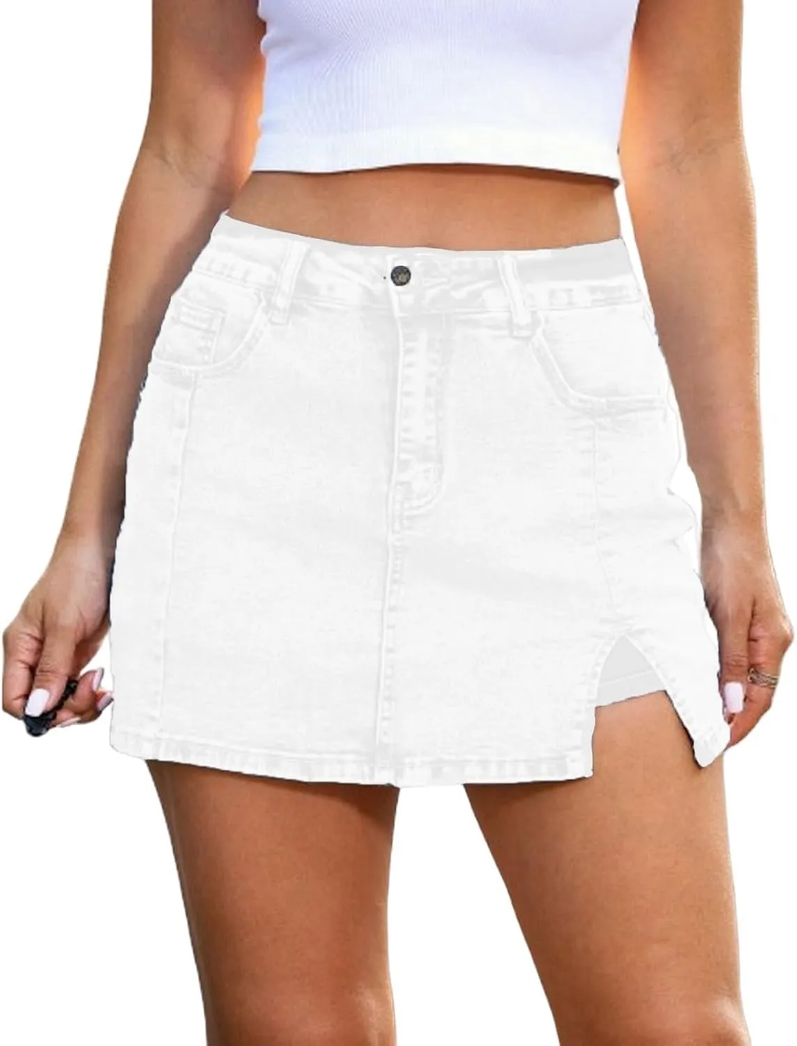 Bloomy Skorts, Bloomy Jean Skorts, High Waisted Casual Stretchy Denim Skirt Side Split Mini Skirts with Pocket