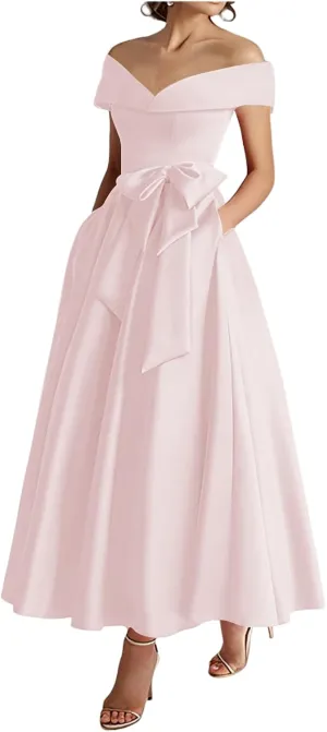 Blush Pink Tea Lenght Wedding Guest Dresses for Women with Pocktes Plus Size Satin Mother of The Bride Dresses with Bow A Line Elegant Off Shoulder Formal Gown Evening Dresses US18W