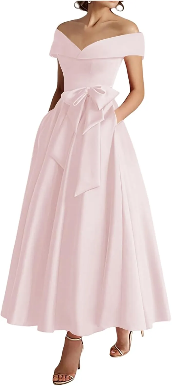 Blush Pink Tea Lenght Wedding Guest Dresses for Women with Pocktes Plus Size Satin Mother of The Bride Dresses with Bow A Line Elegant Off Shoulder Formal Gown Evening Dresses US18W