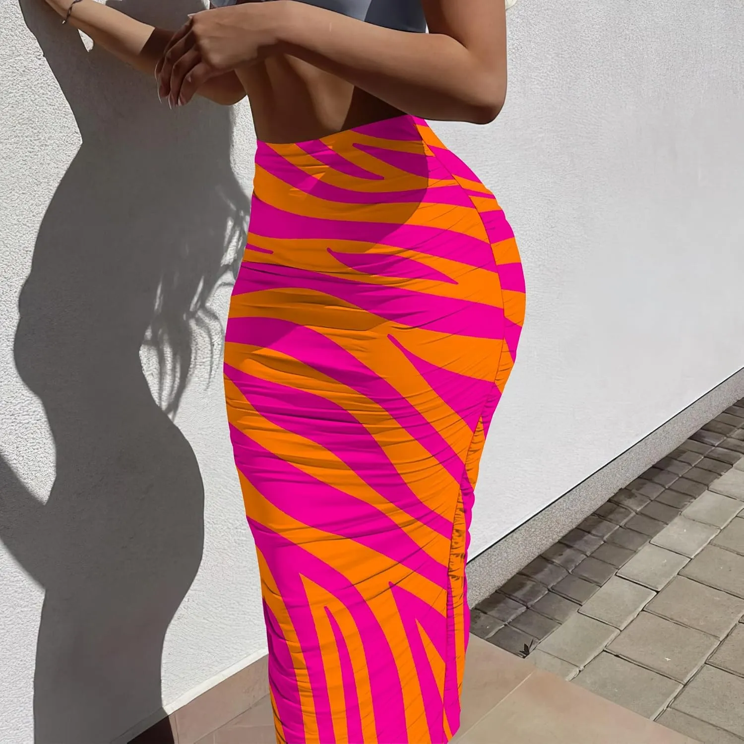 Bodycon Pencil Skirt for Women Slim fit Ruched High Waist Plus Size Midi Skirt Party Club Night Out Wrap Long Skirt