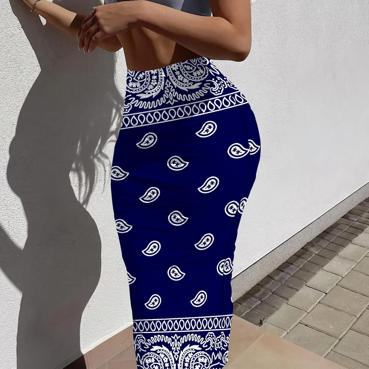Bodycon Pencil Skirt for Women Slim fit Ruched High Waist Plus Size Midi Skirt Party Club Night Out Wrap Long Skirt