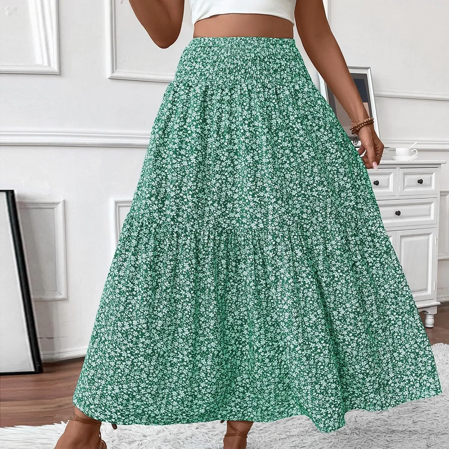 Bohemian Skirts for Women Trendy Country Floral Festival Smocked Beach Flutter Travel Elastic Waist Peasant Swing Skirts