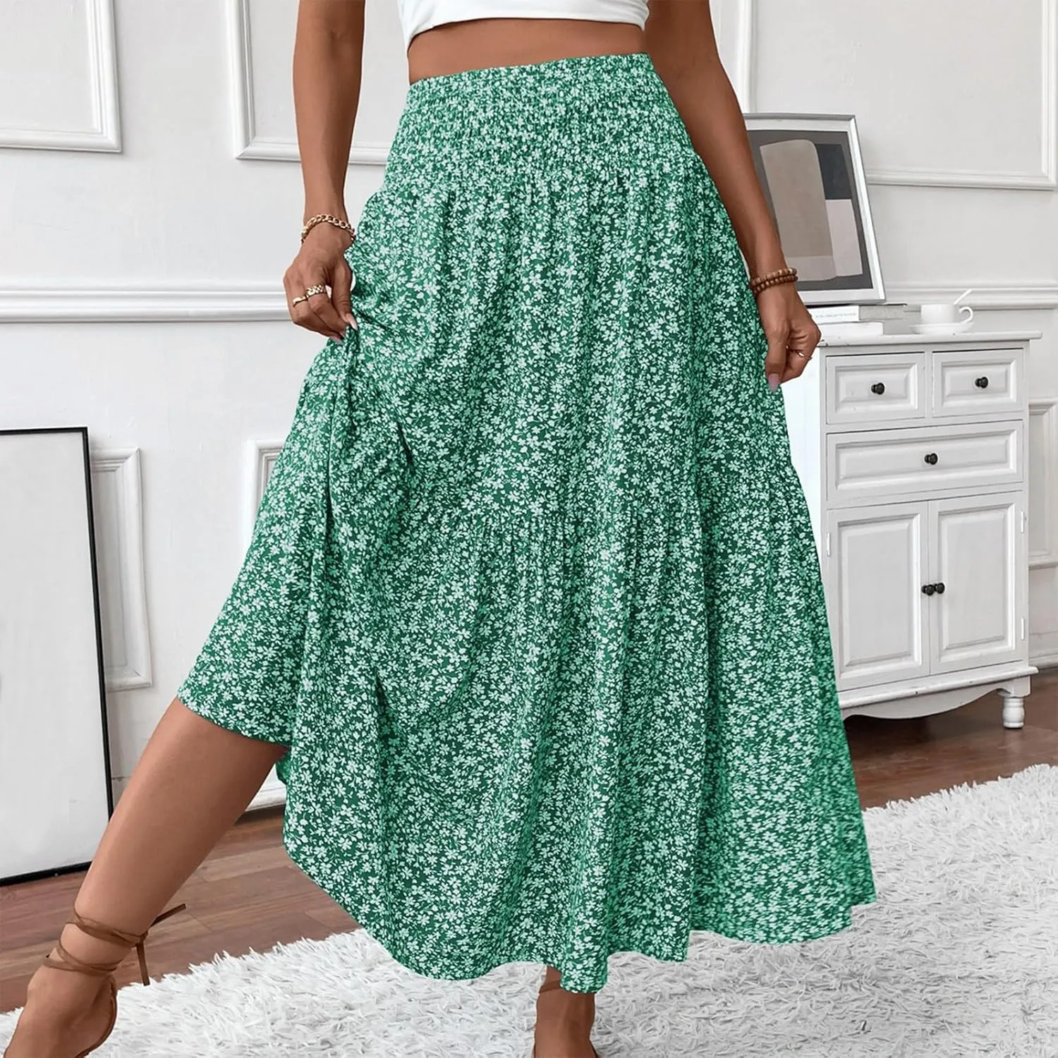 Bohemian Skirts for Women Trendy Country Floral Festival Smocked Beach Flutter Travel Elastic Waist Peasant Swing Skirts