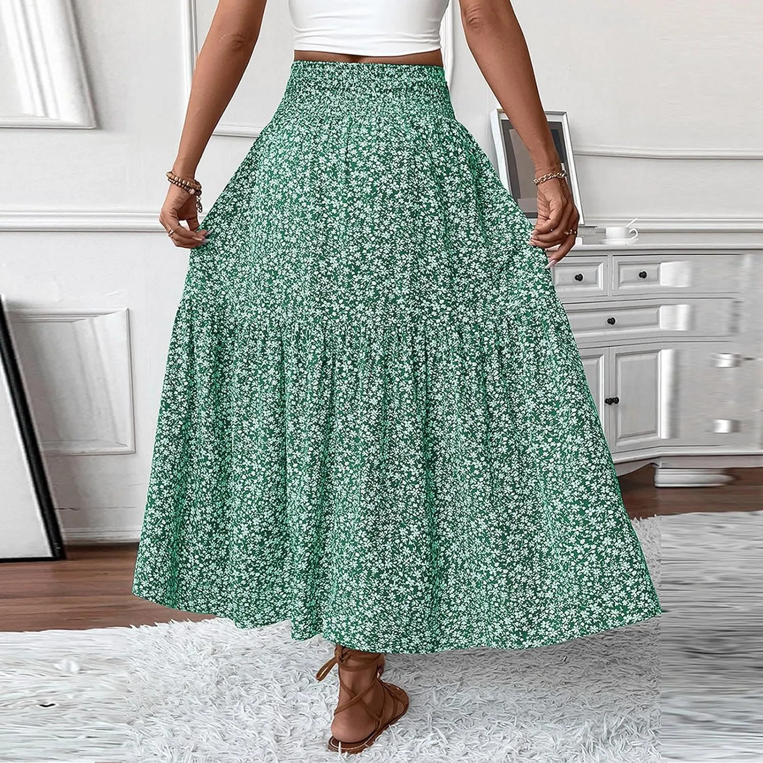 Bohemian Skirts for Women Trendy Country Floral Festival Smocked Beach Flutter Travel Elastic Waist Peasant Swing Skirts