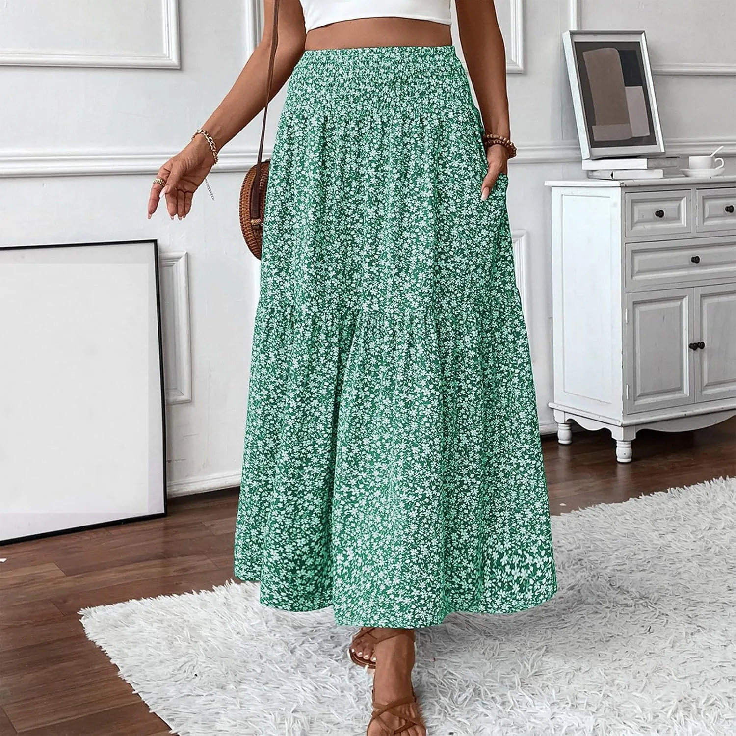 Bohemian Skirts for Women Trendy Country Floral Festival Smocked Beach Flutter Travel Elastic Waist Peasant Swing Skirts
