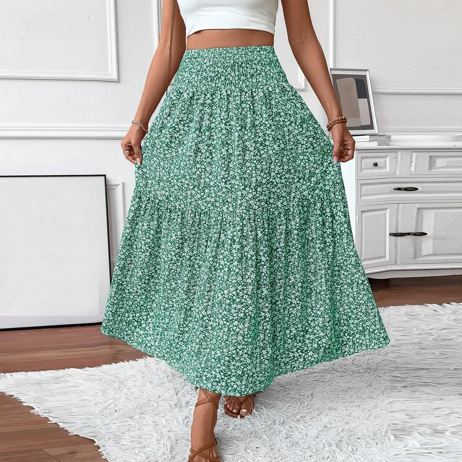 Bohemian Skirts for Women Trendy Country Floral Festival Smocked Beach Flutter Travel Elastic Waist Peasant Swing Skirts