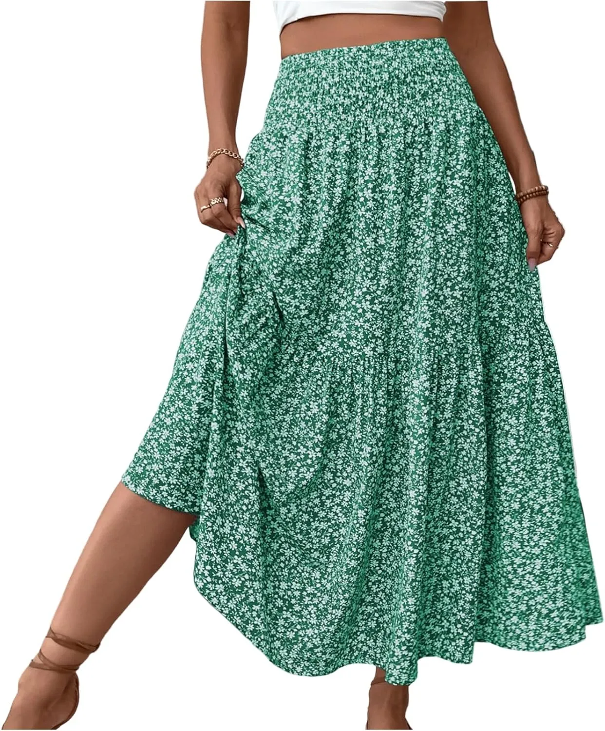 Bohemian Skirts for Women Trendy Country Floral Festival Smocked Beach Flutter Travel Elastic Waist Peasant Swing Skirts
