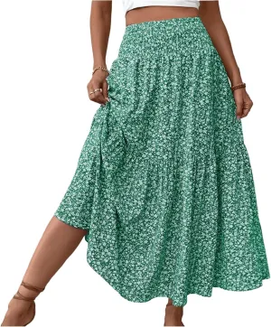 Bohemian Skirts for Women Trendy Country Floral Festival Smocked Beach Flutter Travel Elastic Waist Peasant Swing Skirts