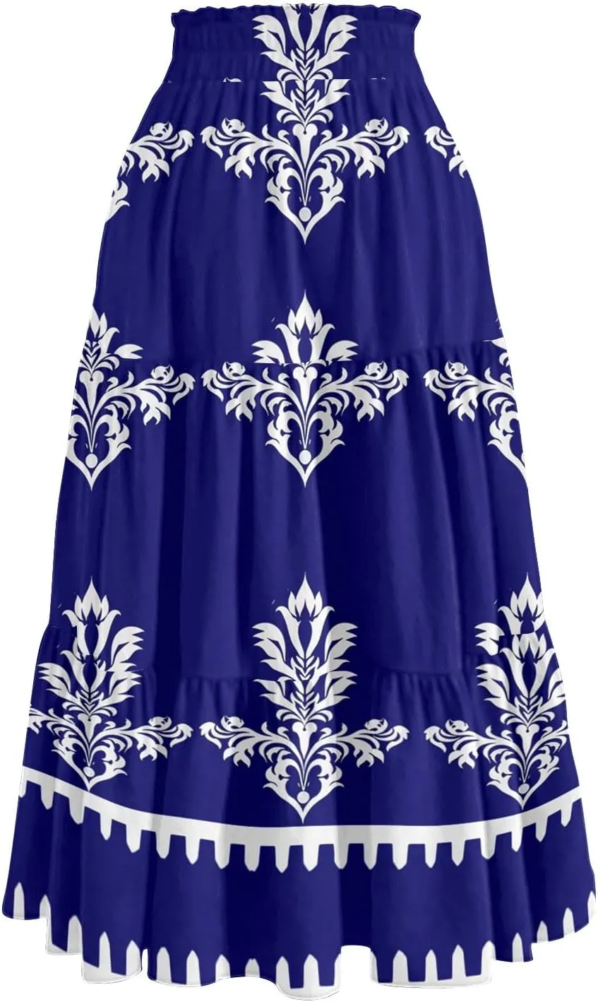 Boho Floral Midi Skirt for Women Summer Comfy Tiered Elastic High Waisted Vacation A-Line Flowy Swing Long