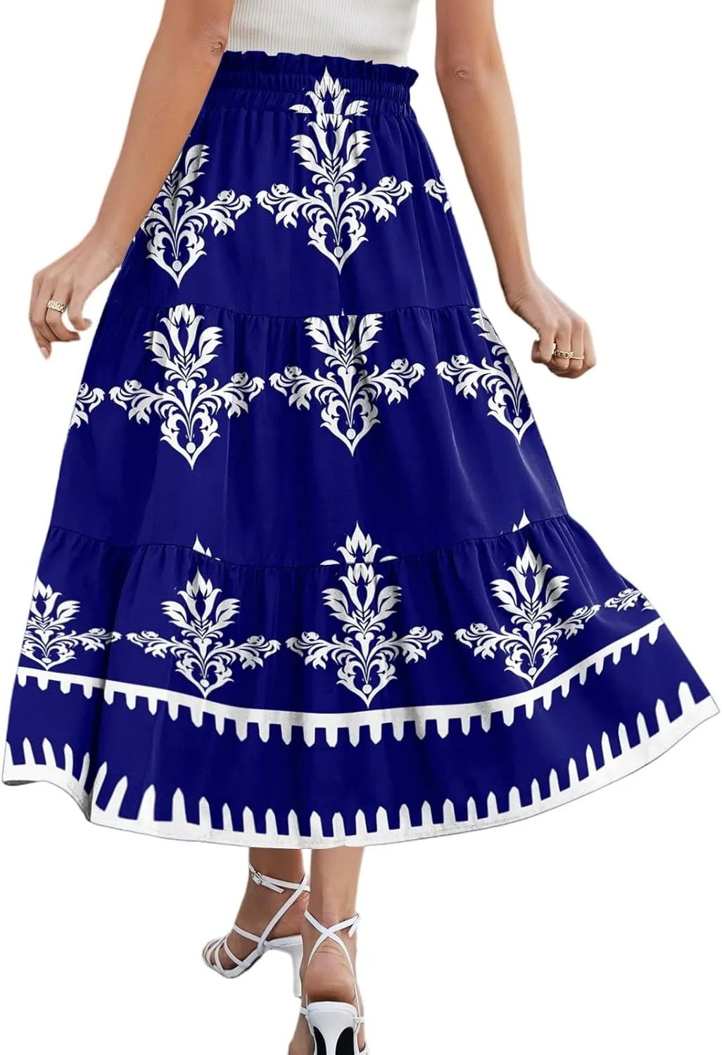 Boho Floral Midi Skirt for Women Summer Comfy Tiered Elastic High Waisted Vacation A-Line Flowy Swing Long