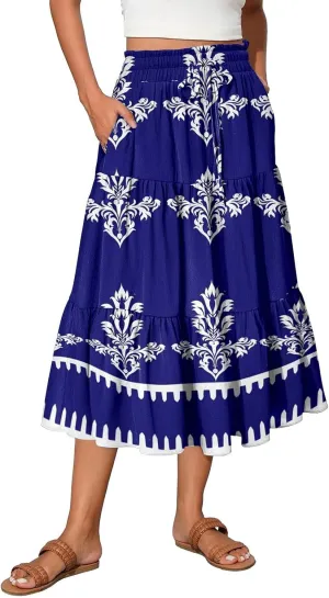 Boho Floral Midi Skirt for Women Summer Comfy Tiered Elastic High Waisted Vacation A-Line Flowy Swing Long