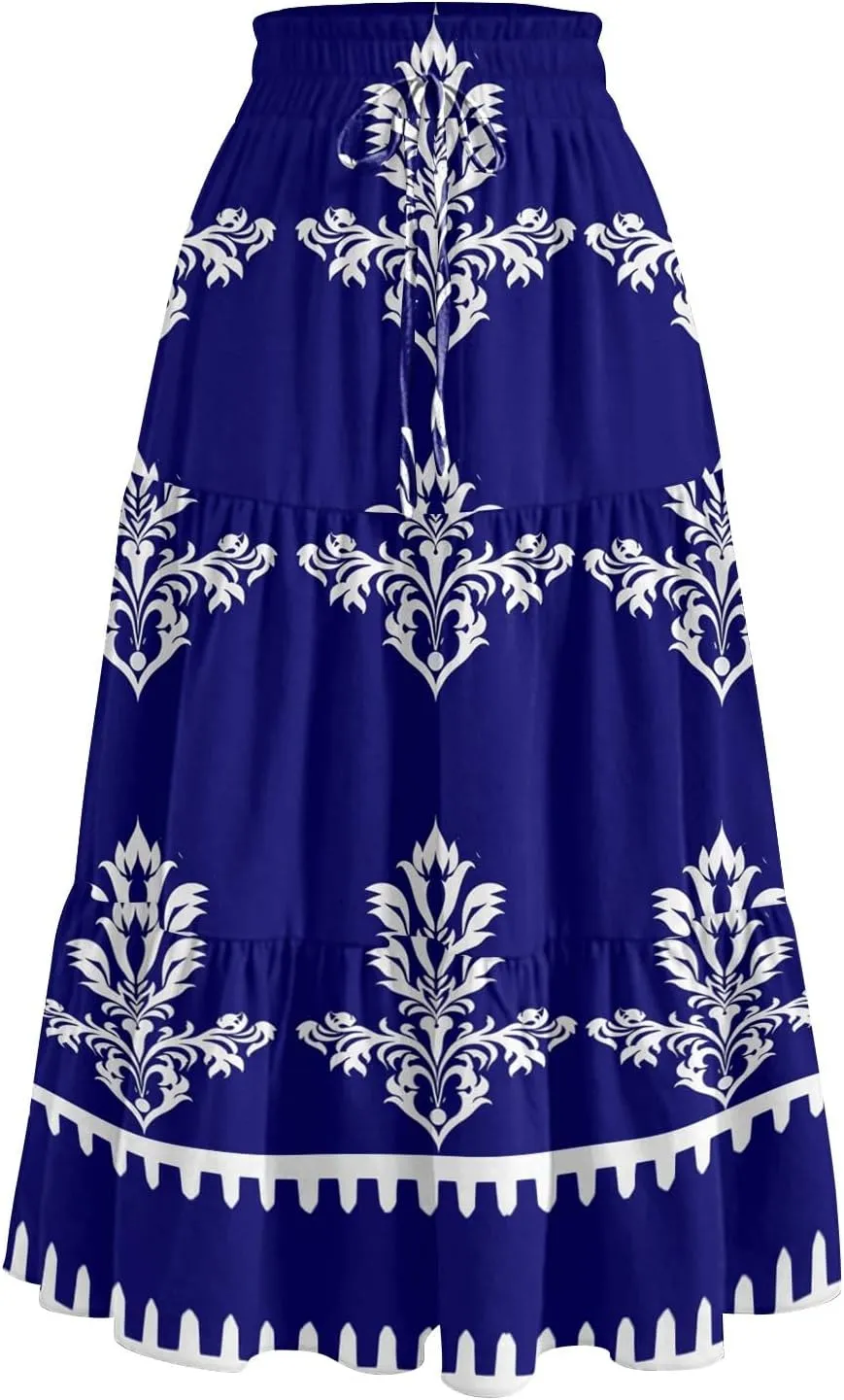 Boho Floral Midi Skirt for Women Summer Comfy Tiered Elastic High Waisted Vacation A-Line Flowy Swing Long