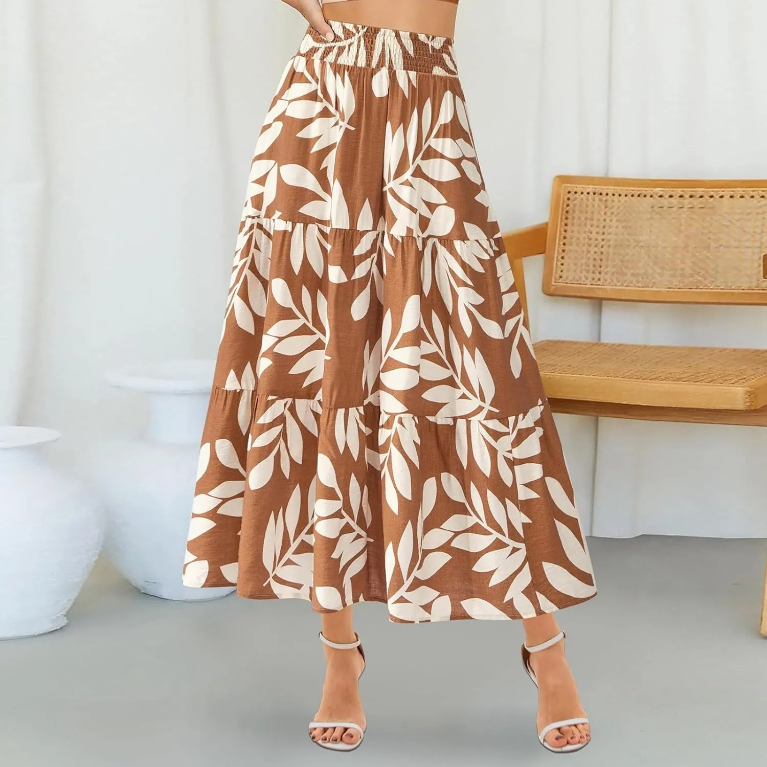 Boho Long Skirts for Women Trendy High Waisted Floral Maxi Skirt Casual Summer Flowy Tiered A Line Skirt Beach Outfit