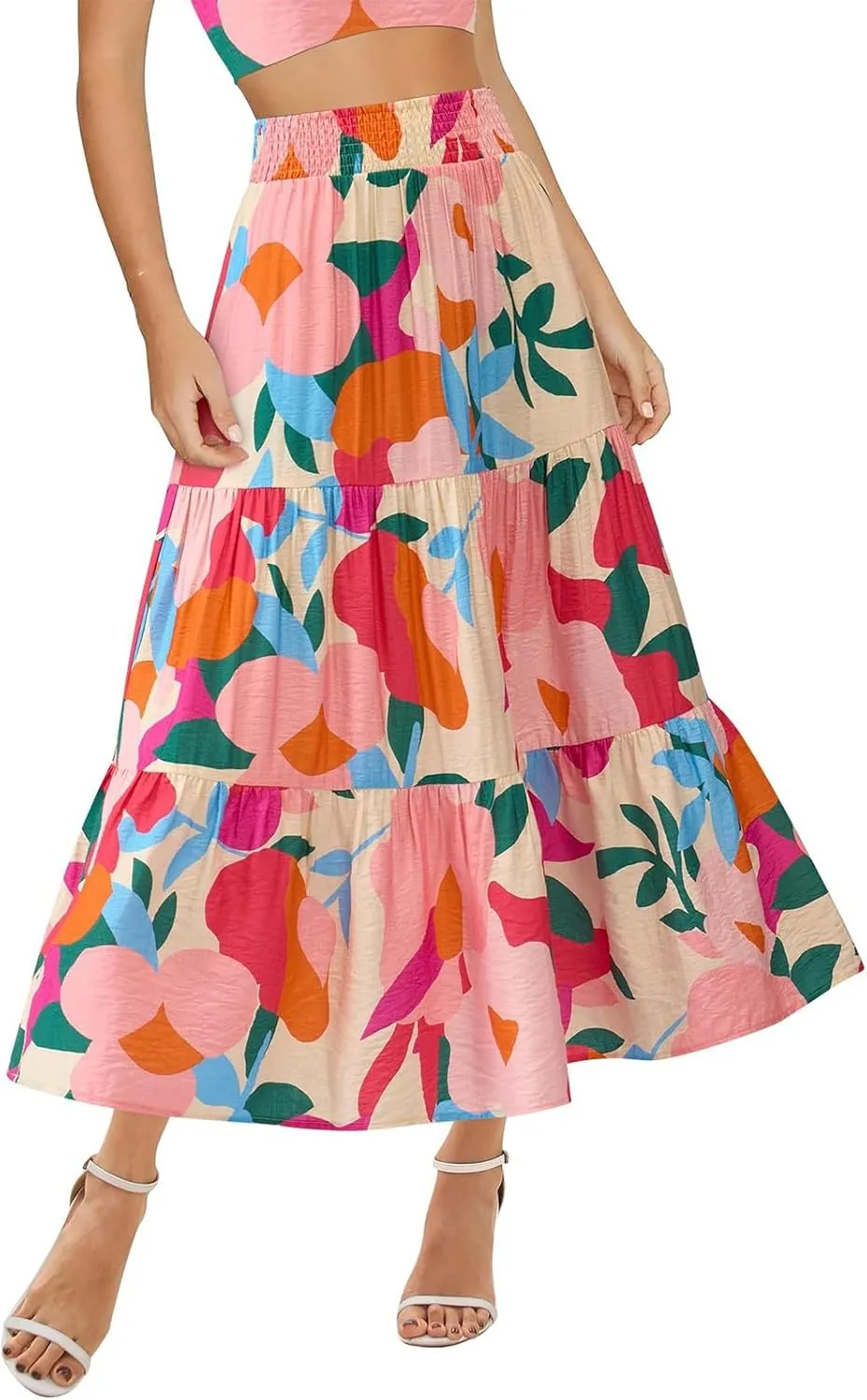 Boho Long Skirts for Women Trendy High Waisted Floral Maxi Skirt Casual Summer Flowy Tiered A Line Skirt Beach Outfit