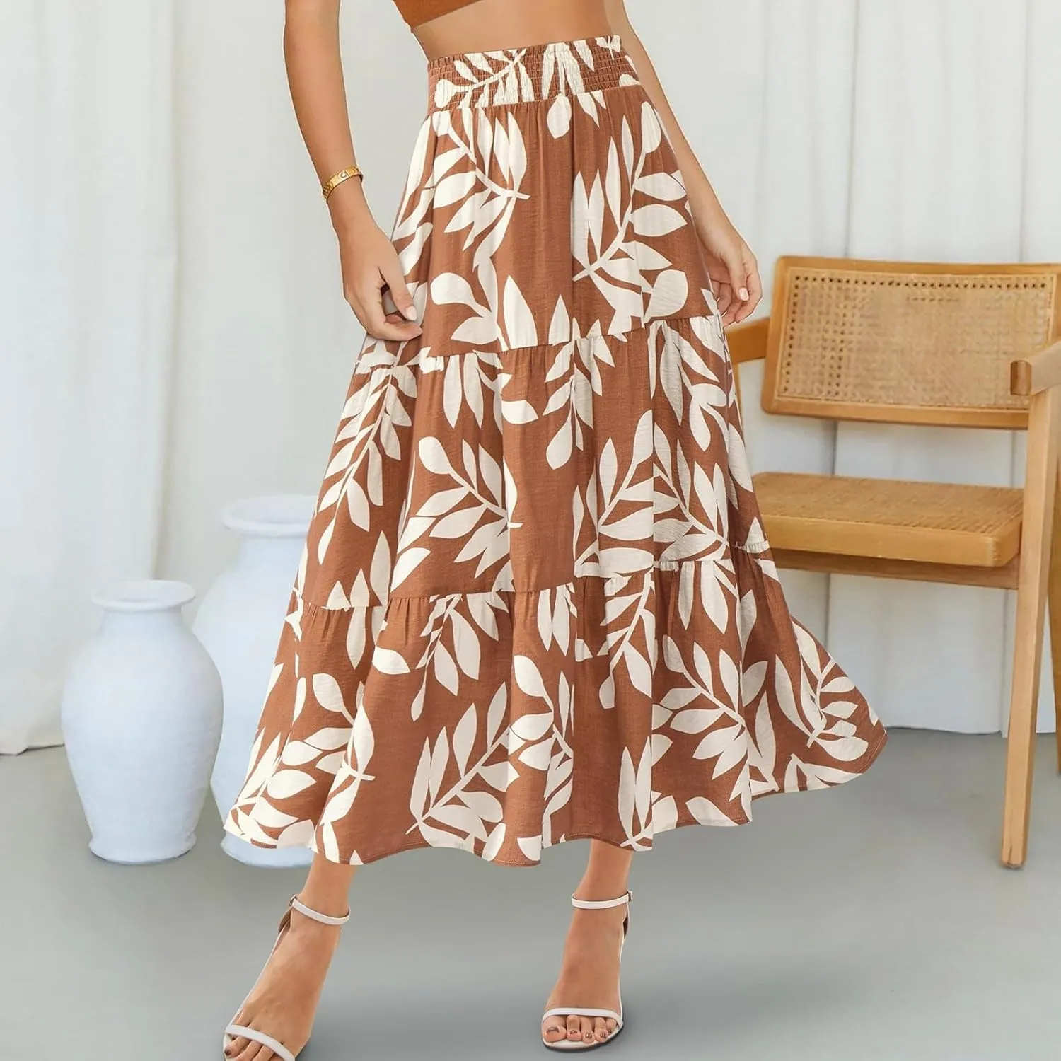 Boho Long Skirts for Women Trendy High Waisted Floral Maxi Skirt Casual Summer Flowy Tiered A Line Skirt Beach Outfit