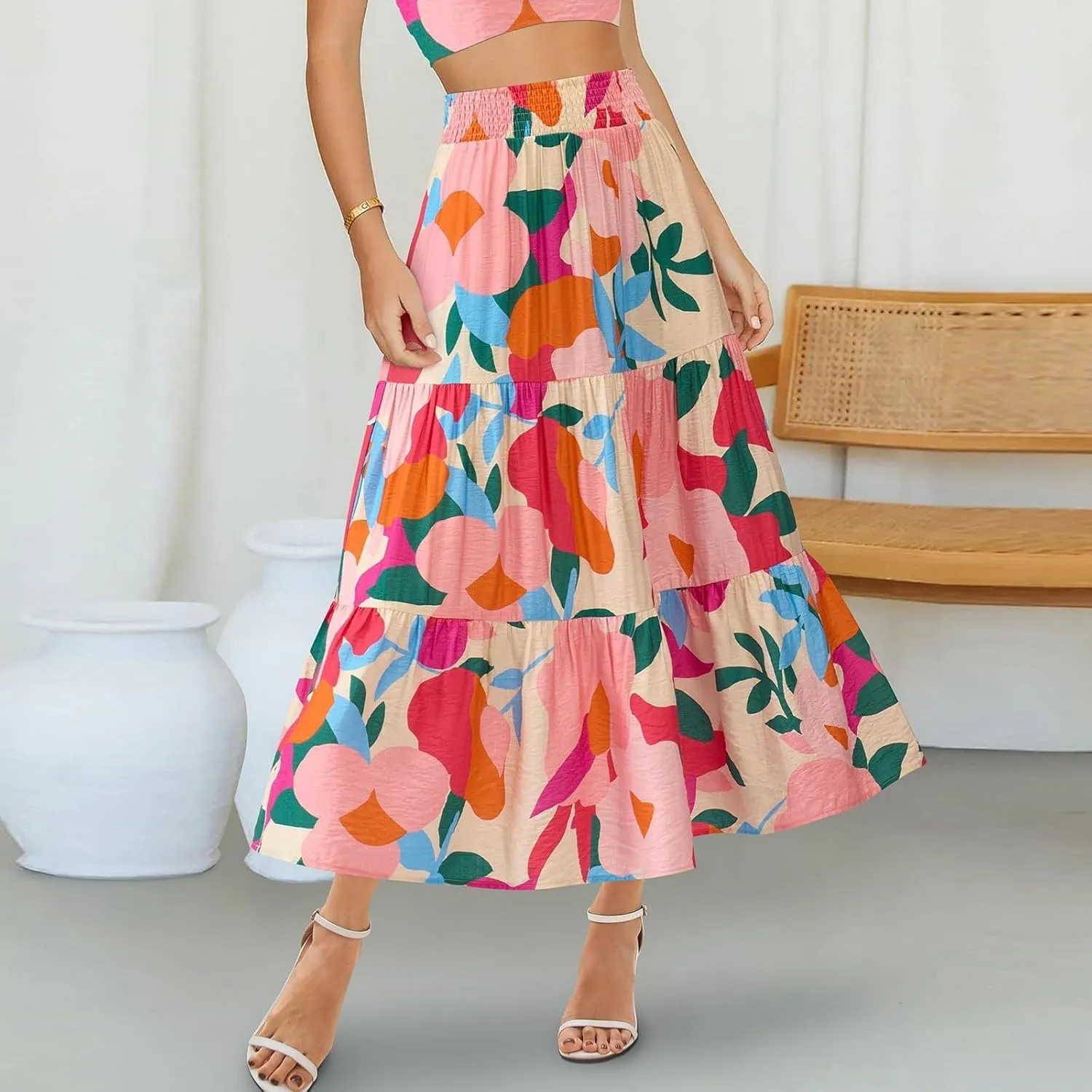 Boho Long Skirts for Women Trendy High Waisted Floral Maxi Skirt Casual Summer Flowy Tiered A Line Skirt Beach Outfit