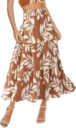 Boho Long Skirts for Women Trendy High Waisted Floral Maxi Skirt Casual Summer Flowy Tiered A Line Skirt Beach Outfit