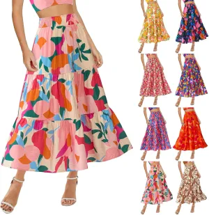 Boho Long Skirts for Women Trendy High Waisted Floral Maxi Skirt Casual Summer Flowy Tiered A Line Skirt Beach Outfit
