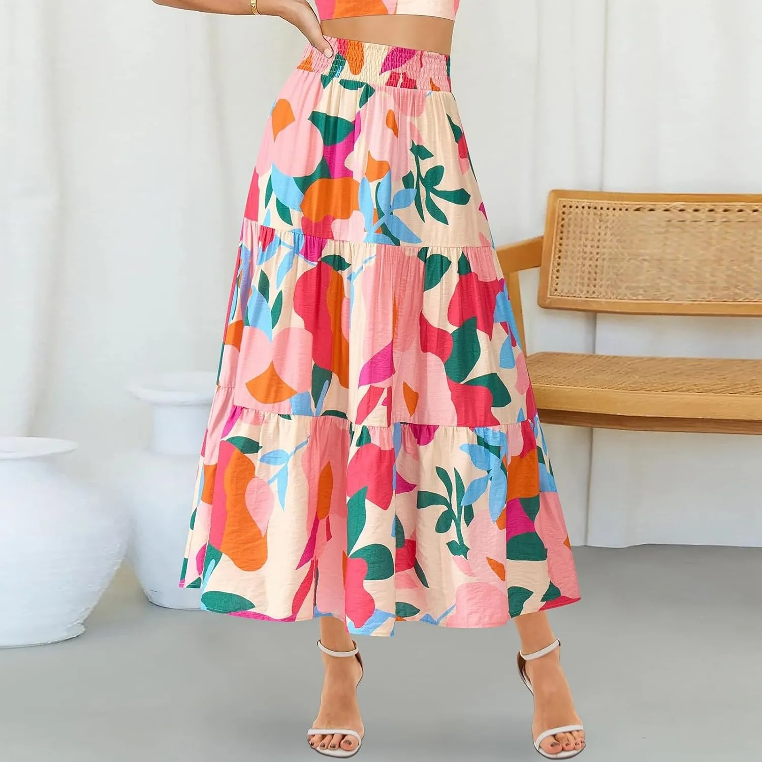 Boho Long Skirts for Women Trendy High Waisted Floral Maxi Skirt Casual Summer Flowy Tiered A Line Skirt Beach Outfit