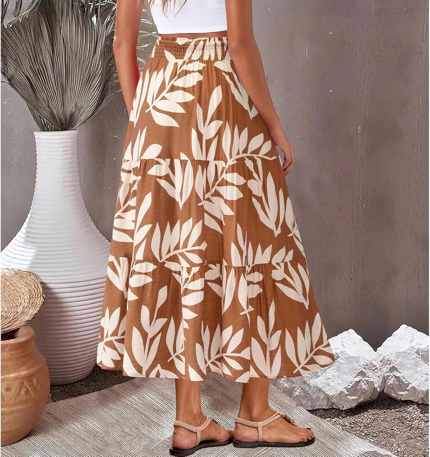 Boho Long Skirts for Women Trendy High Waisted Floral Maxi Skirt Casual Summer Flowy Tiered A Line Skirt Beach Outfit