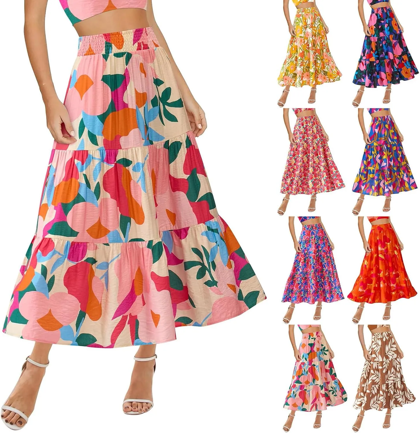 Boho Long Skirts for Women Trendy High Waisted Floral Maxi Skirt Casual Summer Flowy Tiered A Line Skirt Beach Outfit