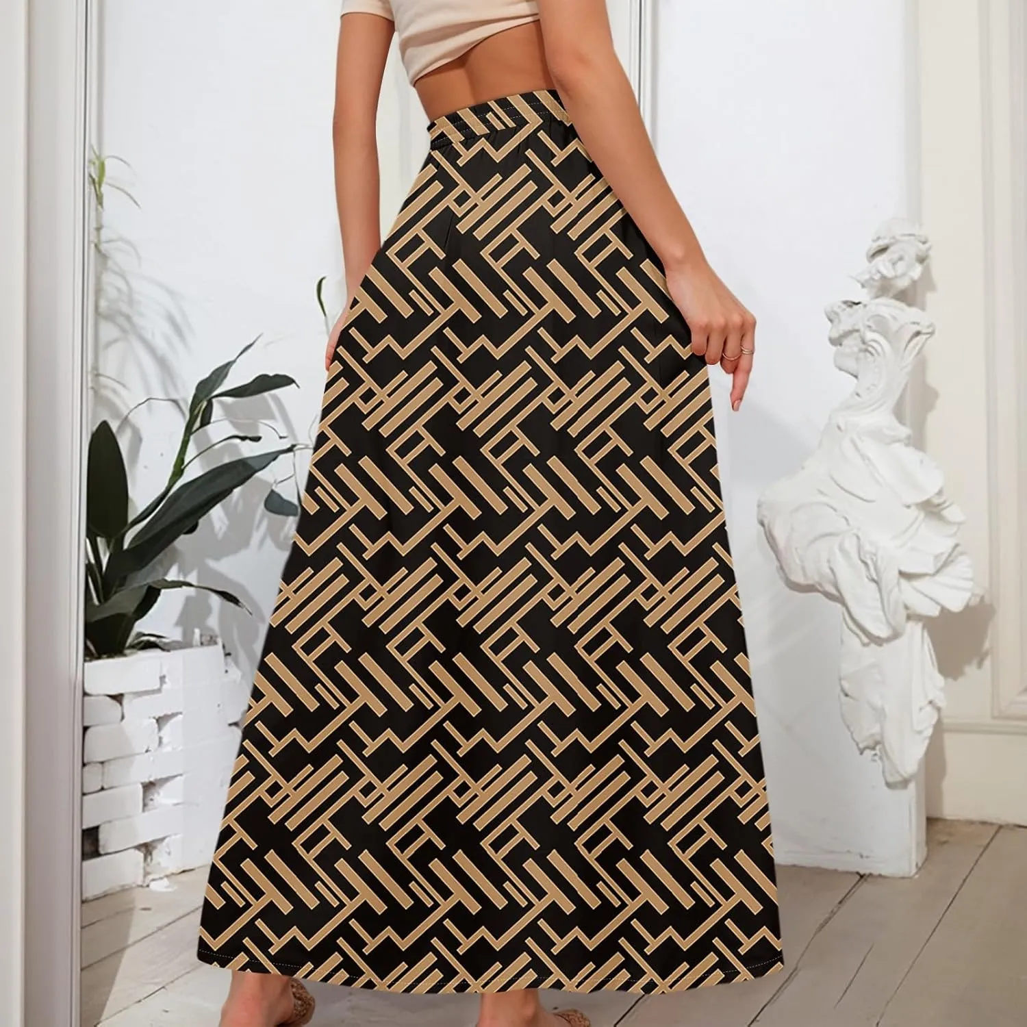 Boho Maxi Skirt for Women Summer Elastic High Waisted Casual Skirts Pleated A-Line Skirts Work Skirt Long with Pockets