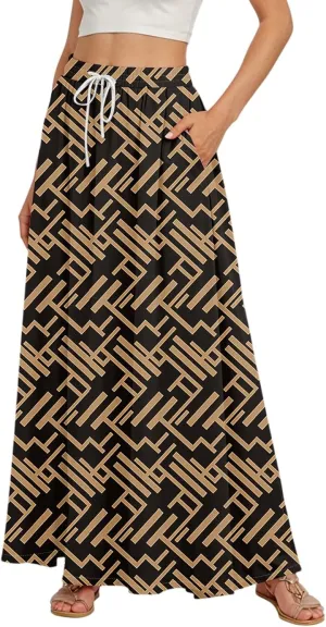 Boho Maxi Skirt for Women Summer Elastic High Waisted Casual Skirts Pleated A-Line Skirts Work Skirt Long with Pockets