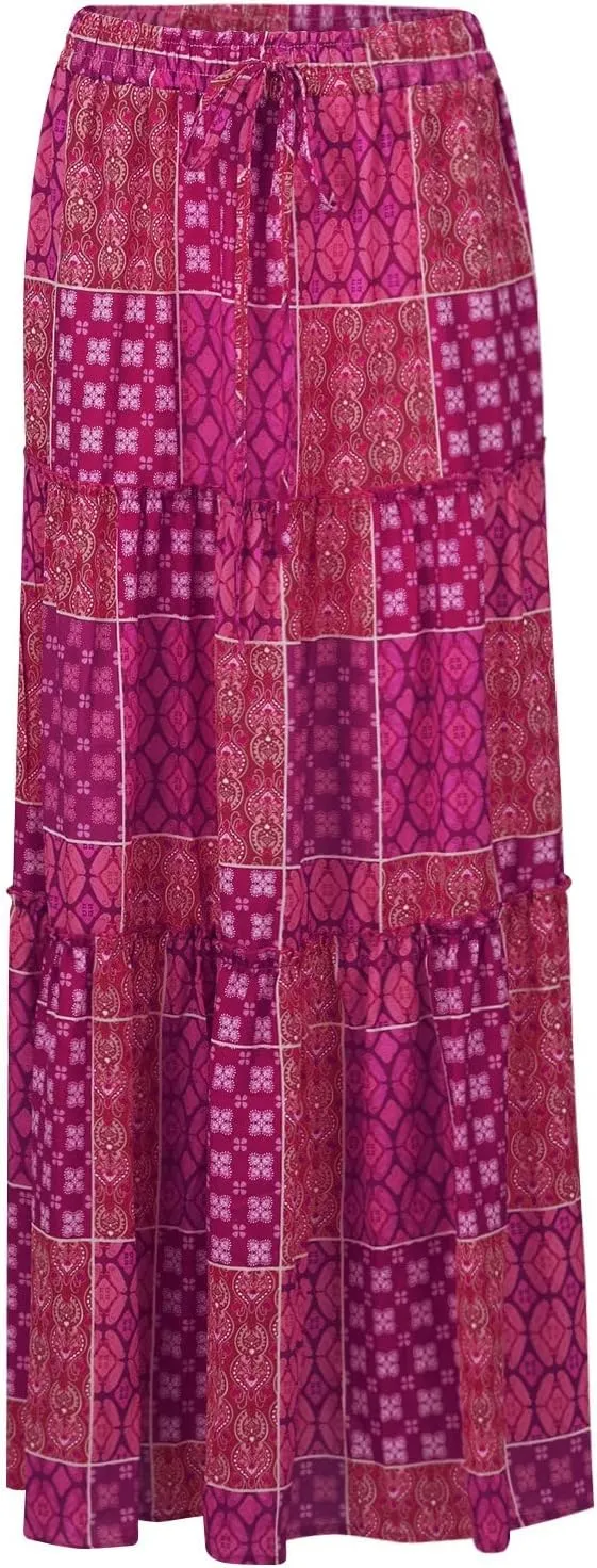 Boho Maxi Skirts for Women 2025 Ruffle Tiered Pleated Long Flowy Skirts Elastic High Waisted Swing Summer Beach Skirt