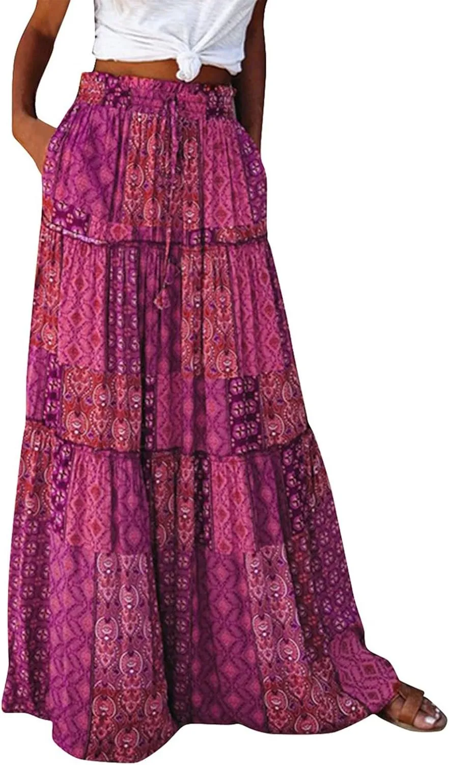 Boho Maxi Skirts for Women 2025 Ruffle Tiered Pleated Long Flowy Skirts Elastic High Waisted Swing Summer Beach Skirt
