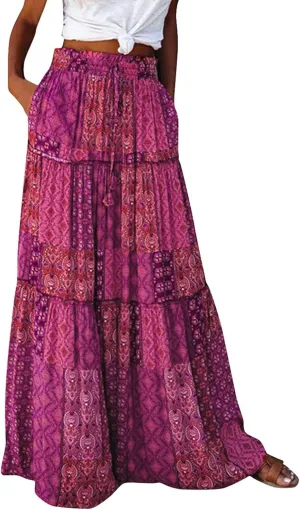 Boho Maxi Skirts for Women 2025 Ruffle Tiered Pleated Long Flowy Skirts Elastic High Waisted Swing Summer Beach Skirt